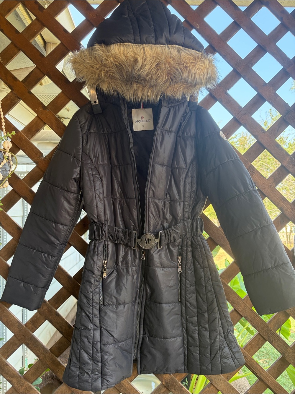 Moncler Women's Black Quilted Puffer Coat with Faux-Fur Trim Hood